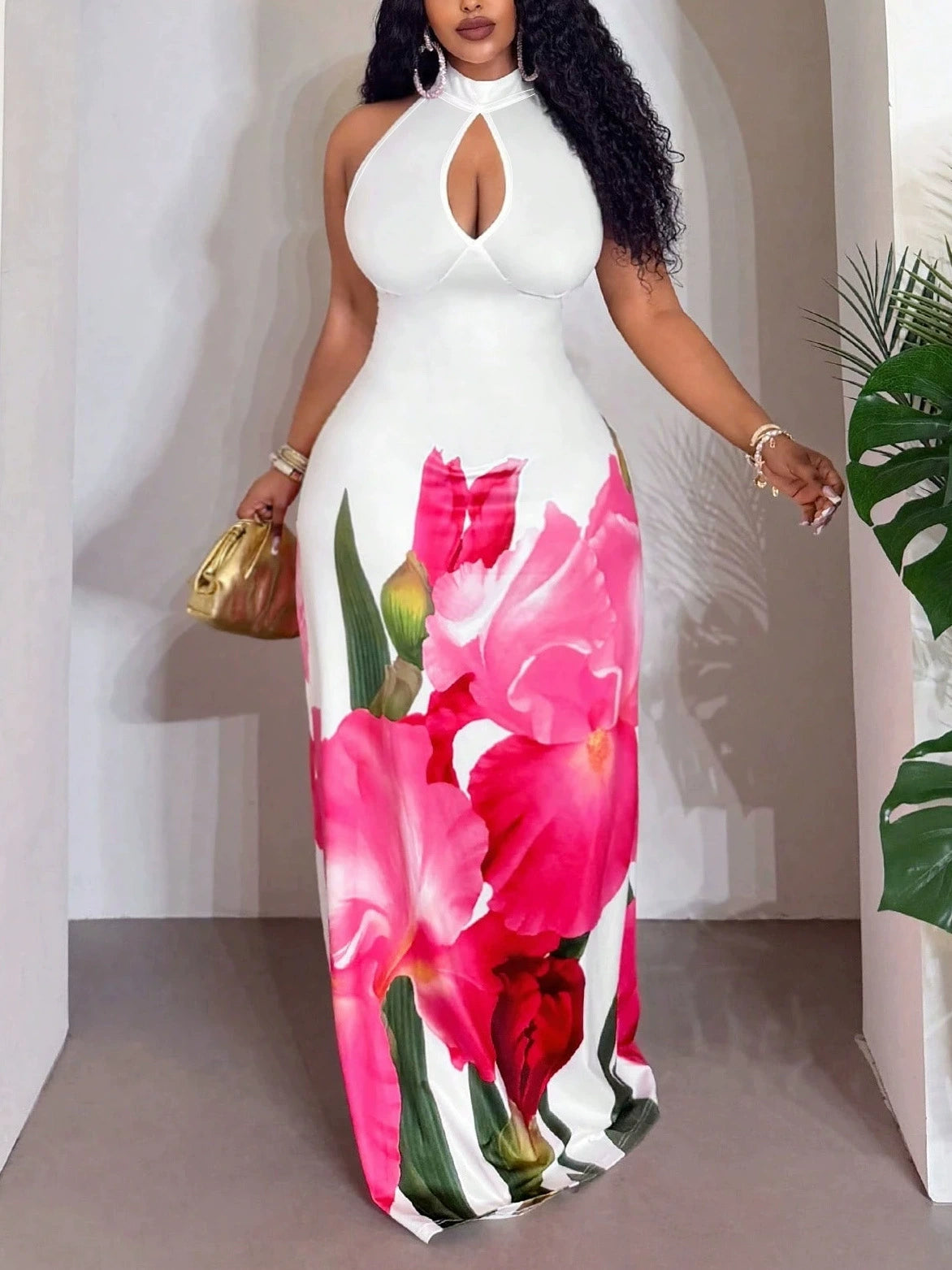Plus Size Floral Print Hollow Out Maxi Dress GAWE 6747