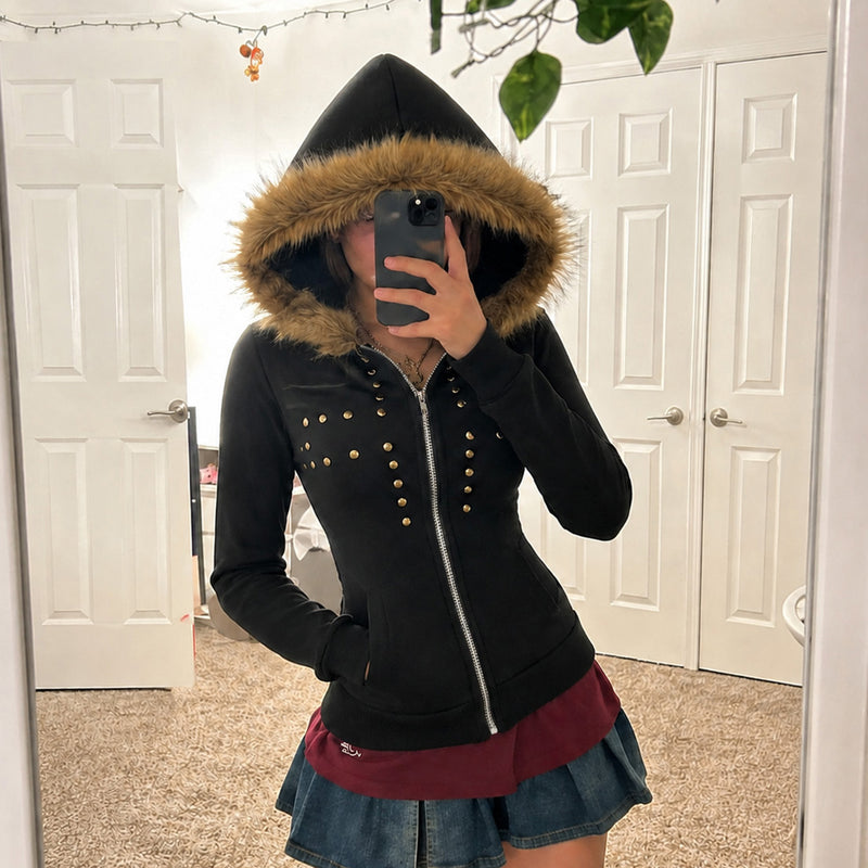 Rivet Zipper Long Sleeve Hooded Coats GPKJ MR50532