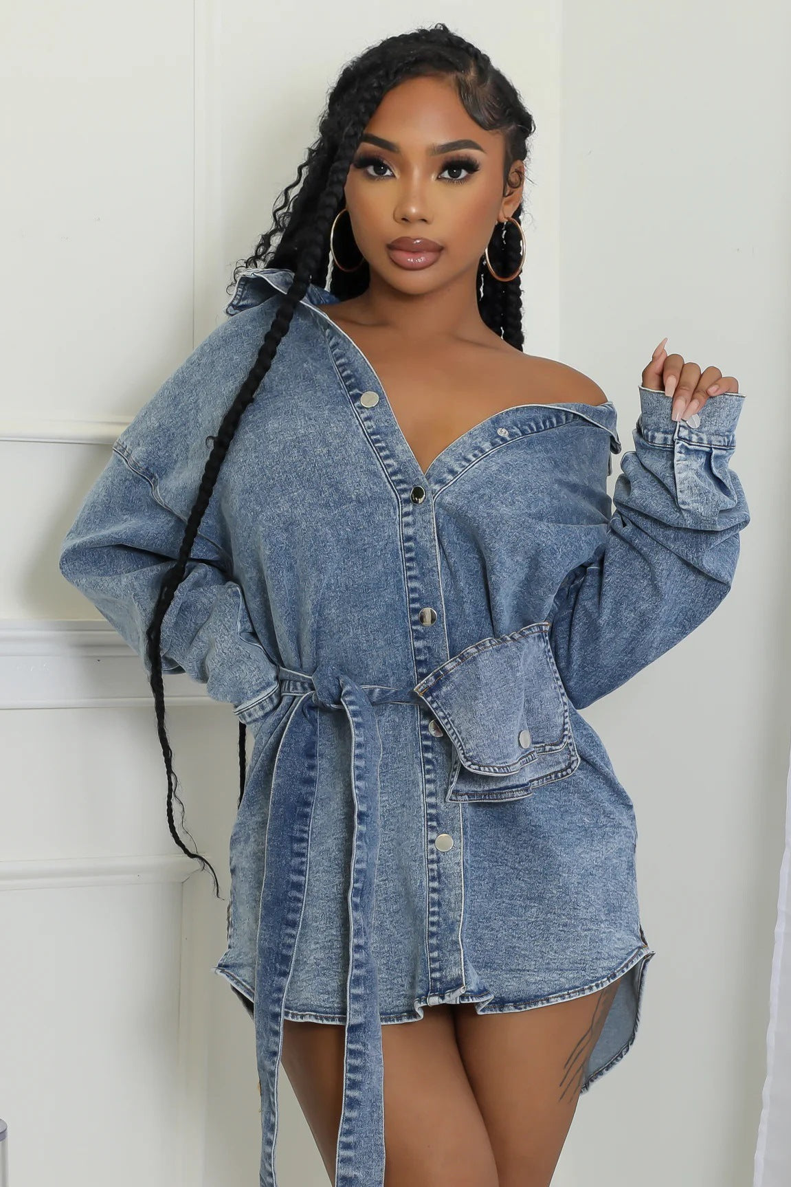 Long Sleeve Single breasted Tie Up Denim Coat WXHY XHY4013