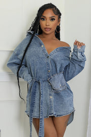 Long Sleeve Single breasted Tie Up Denim Coat WXHY XHY4013