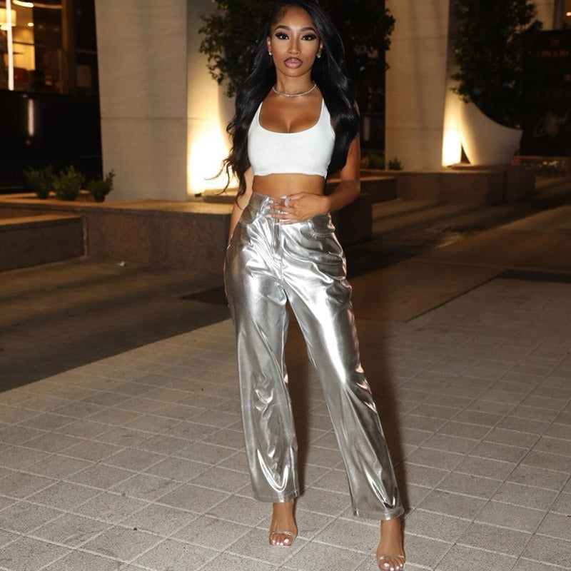 High Waist PU Leather Casual Pants GXHF X86815