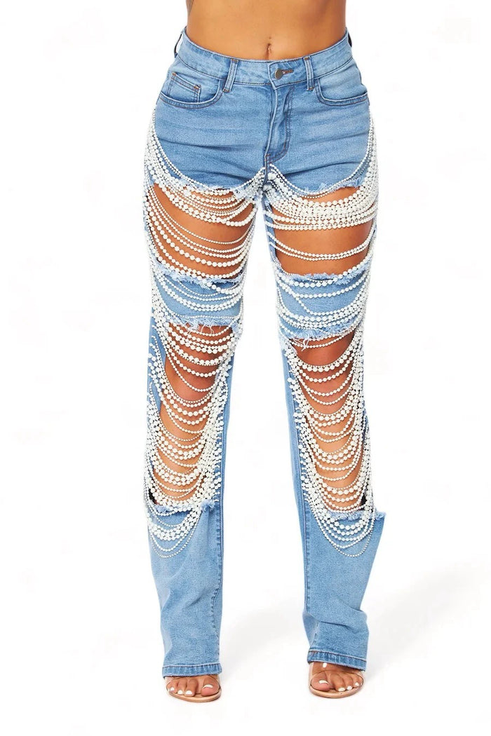 Chain Bead Hollow Out Straight Leg Jeans YUMT YMT323