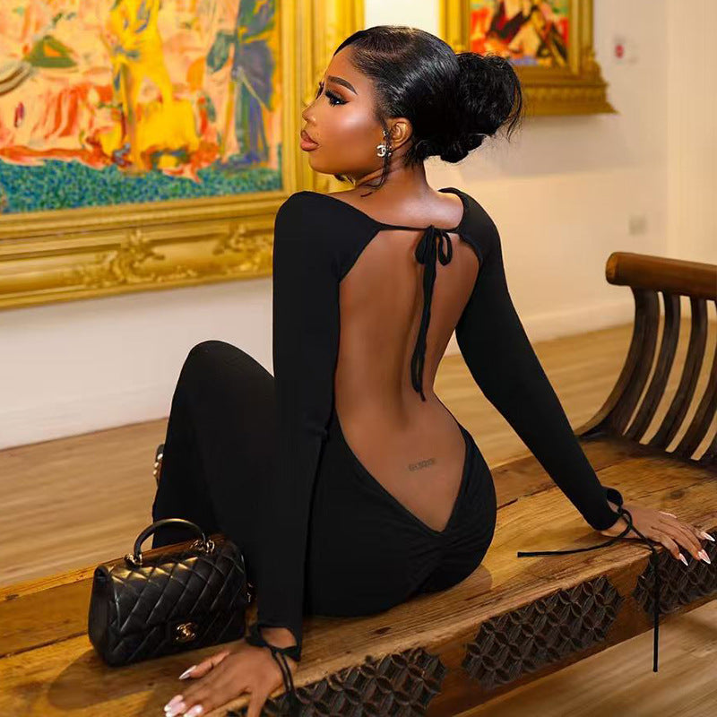 Long Sleeve Backless Tie Up Maxi Dress GJYO JD305823