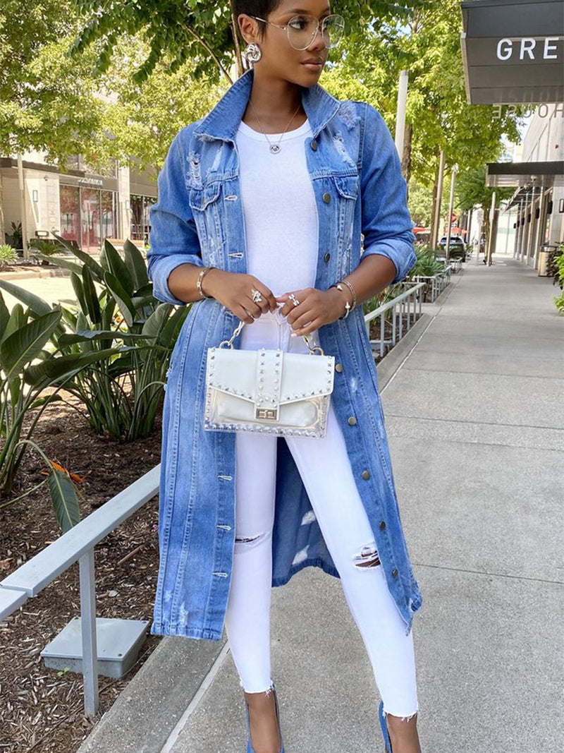 Fashion Denim Long Sleeve Holes Long Coat GQDH 932
