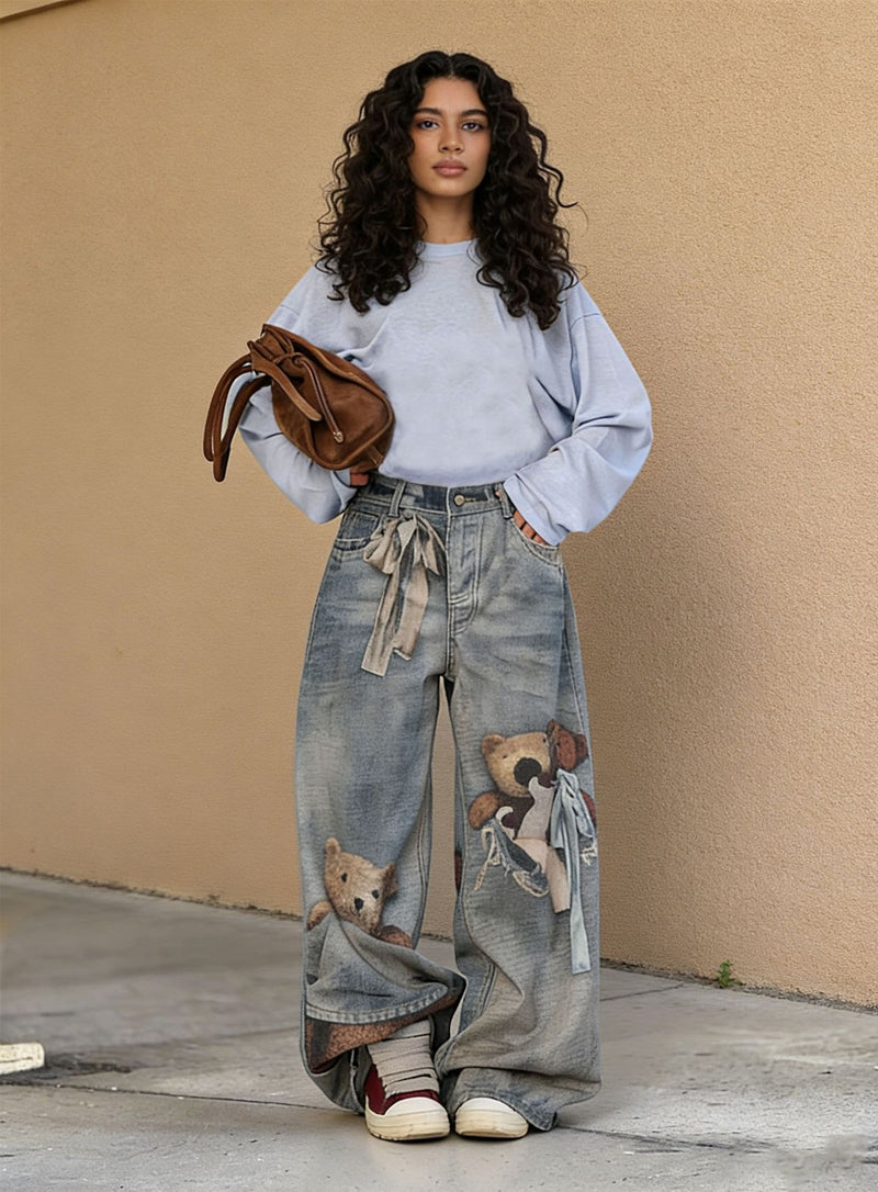 Plus Size Bear 3D Printed Loose Jeans GYLN 6035