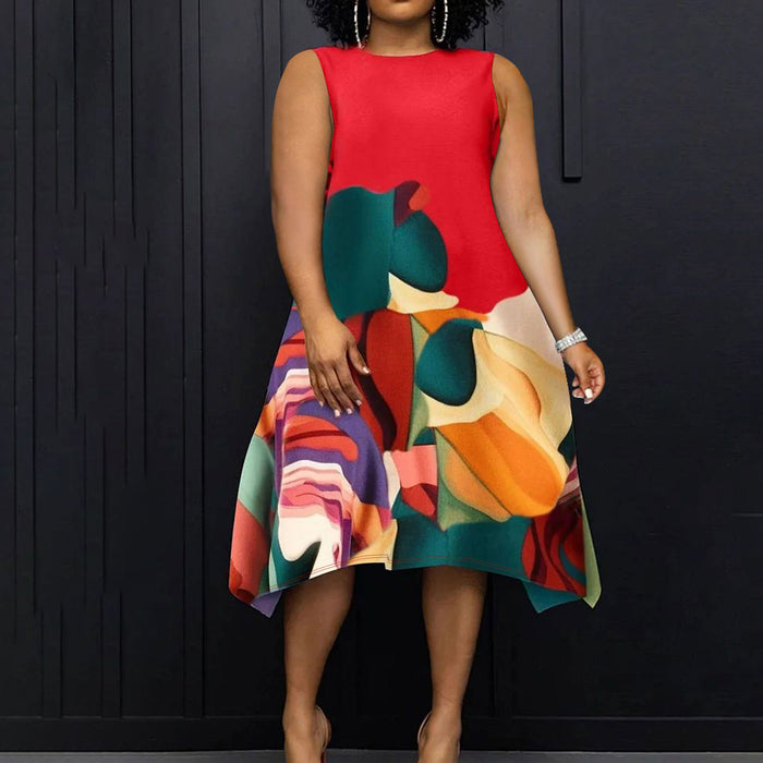 Plus Size Contrast Color Print Sleeve Midi Dress NNWF 6071