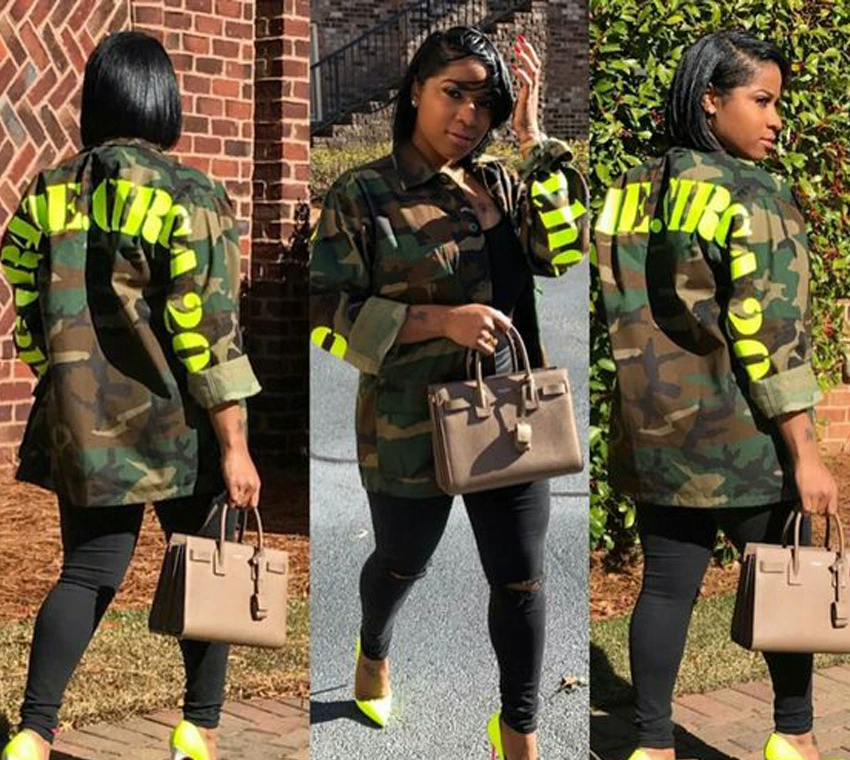 Plus Size Letter Print Long Sleeve Camouflage Coats FYWF LD635