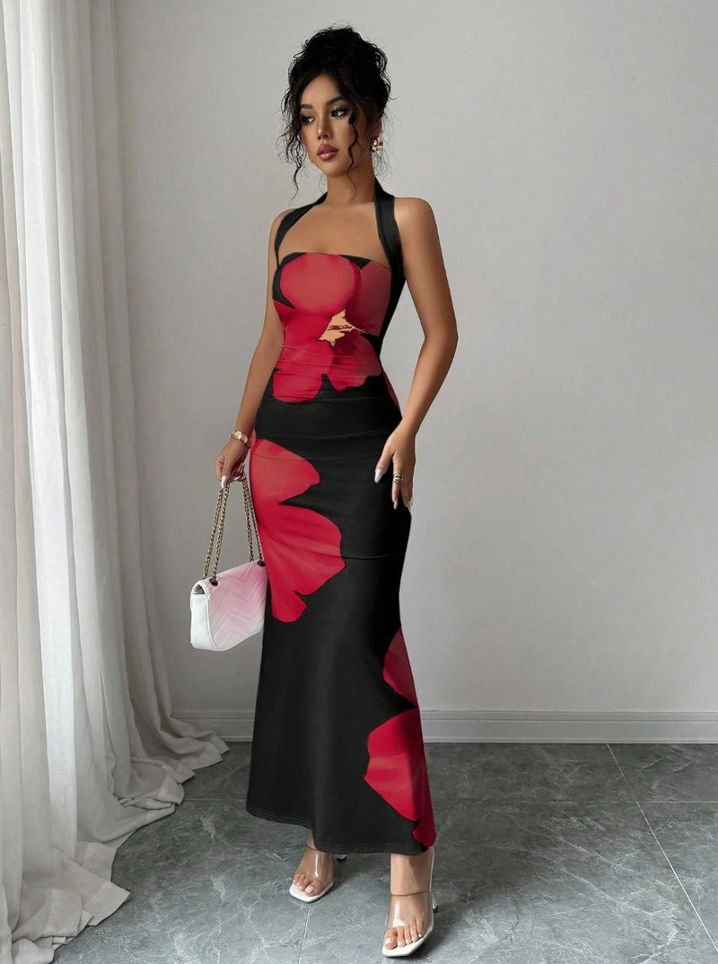 Contrast Color Off Shoulder Print Maxi Dress GSRX 896