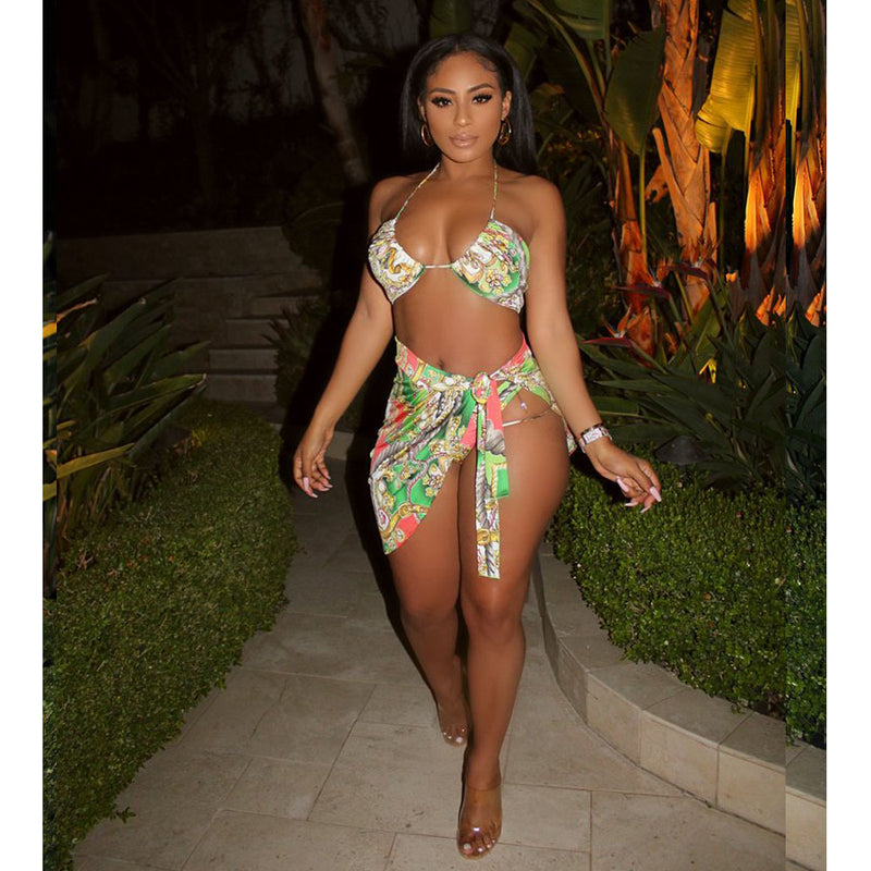 Sexy Beach Style Tie Up Printed Swimsuit Three Piece Set BN 9269