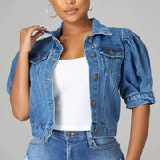 Plus Size Half Puff Sleeve Denim Jacket XCFF 1066