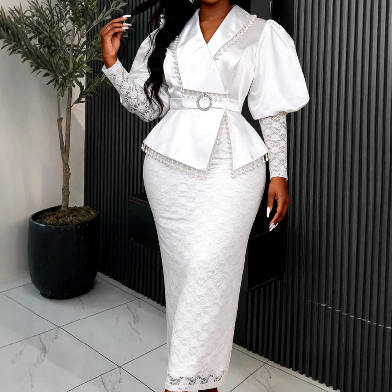 Plus Size Lace Patchwork Mesh Puff Sleeve Long Dress GKEN ADR060241