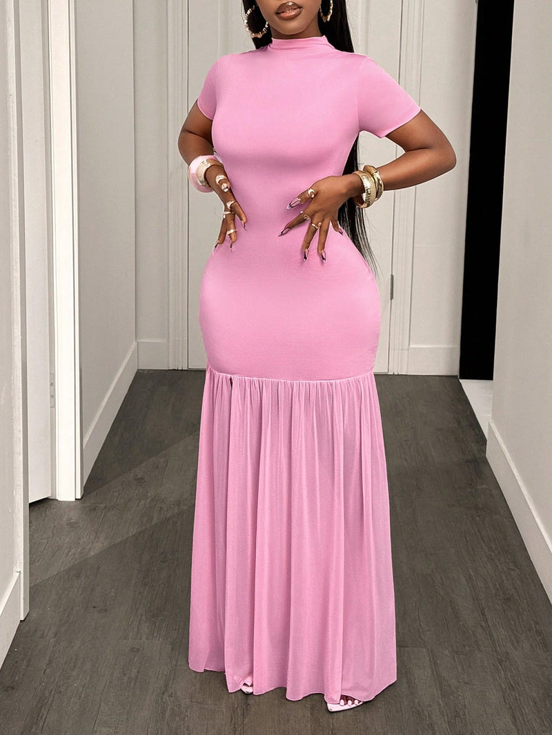 Solid Color Short Sleeve Split Maxi Dress GHYX TXY5458