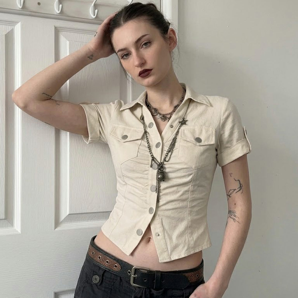 Short Sleeve Lapel Solid Color Shirt GPKJ MR49194