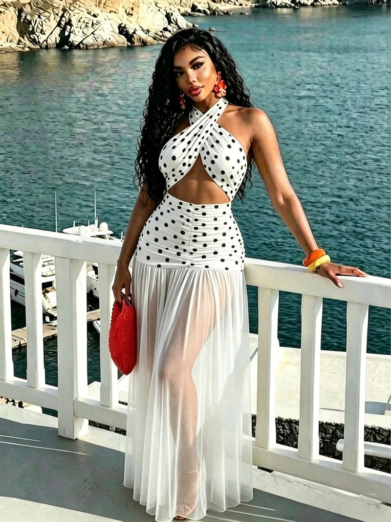Polka Dot Print See Through Mesh Maxi Dress GQLK 6691