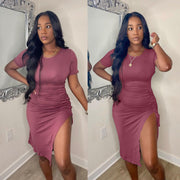 Solid Short Sleeve Drawstring Split Bodycon Dress OMY 81051