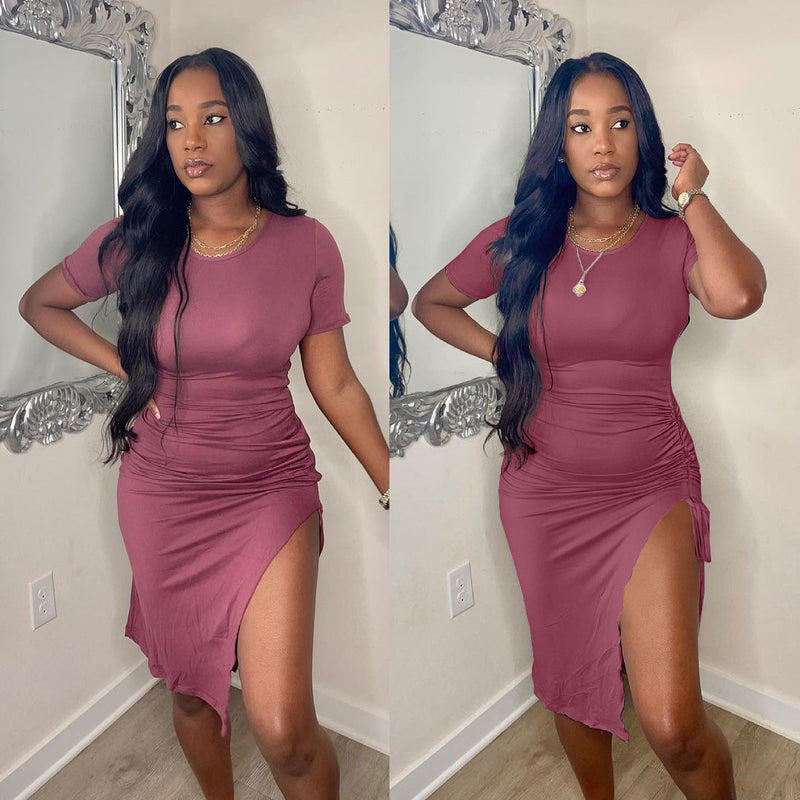 Solid Short Sleeve Drawstring Split Bodycon Dress OMY 81051