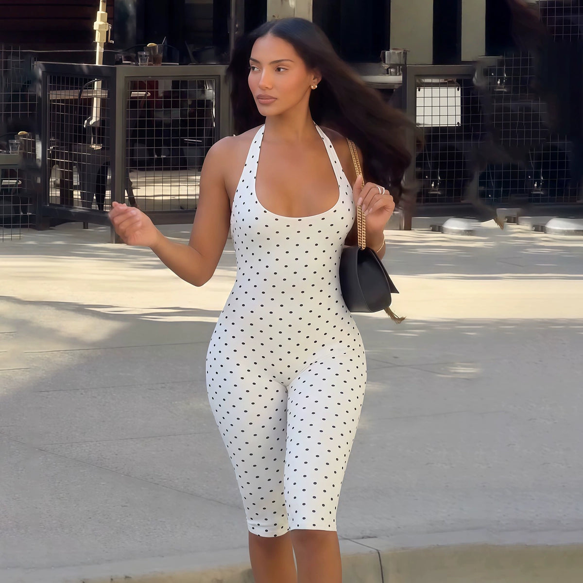 Polka Dots Print Backless Romper GYME K6Q08075A