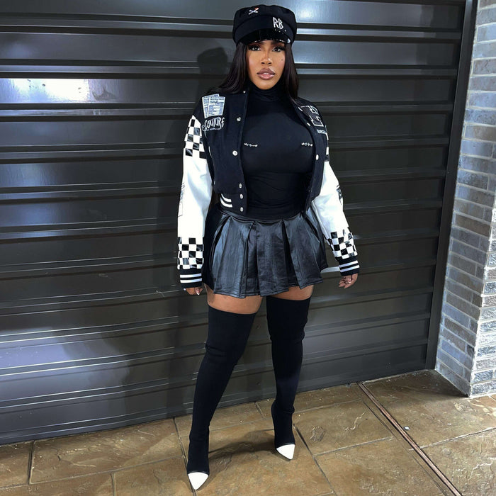 Ribbed Color Block Print Baseball Jacket YNSF 2663