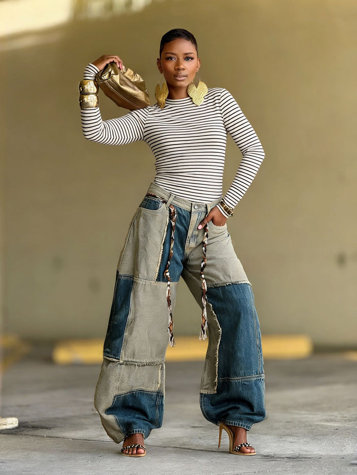 Two tone Patchwork Contrast Frayed Edge Jeans GYLN 5943