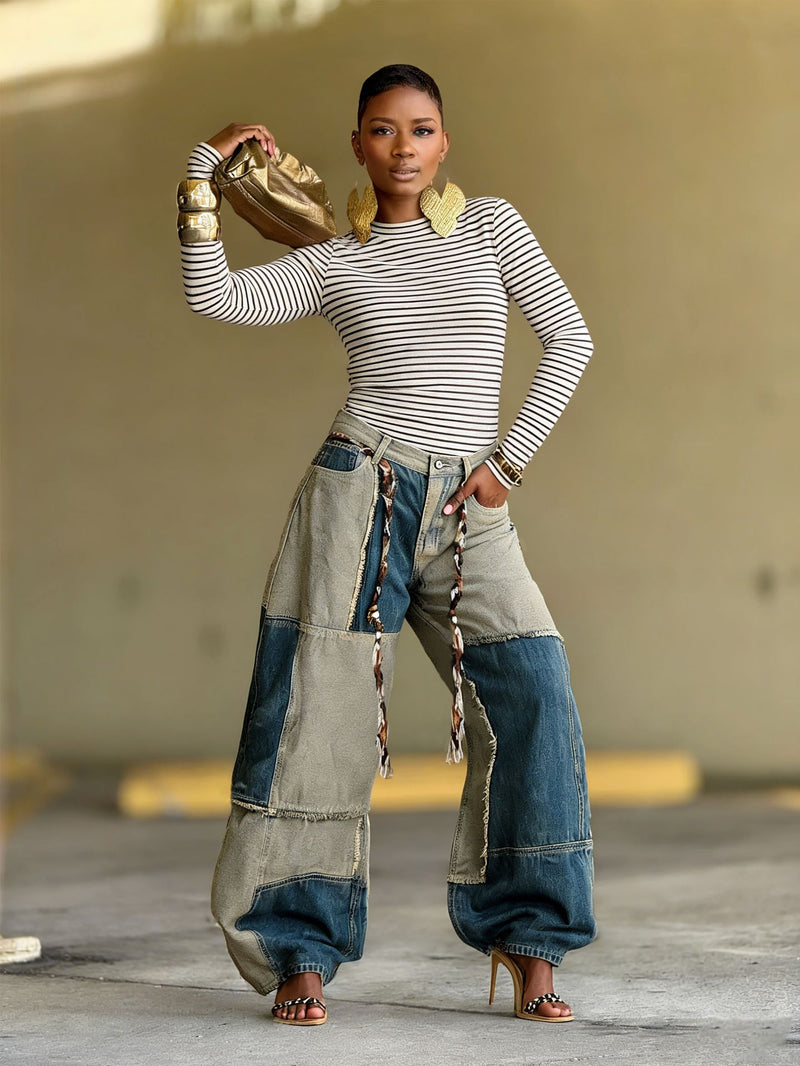 Two tone Patchwork Contrast Frayed Edge Jeans GYLN 5943