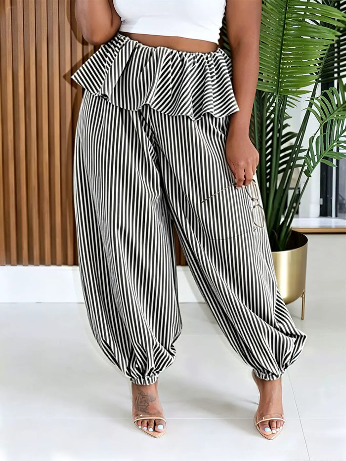 Stripe Print Ruffles Loose Pants ZDF 33533