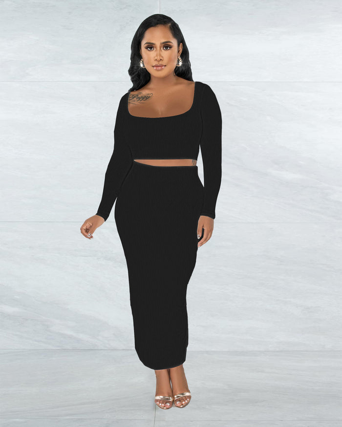 Square Neck Solid Long Sleeve Skirt Two Piece Set ME 8280