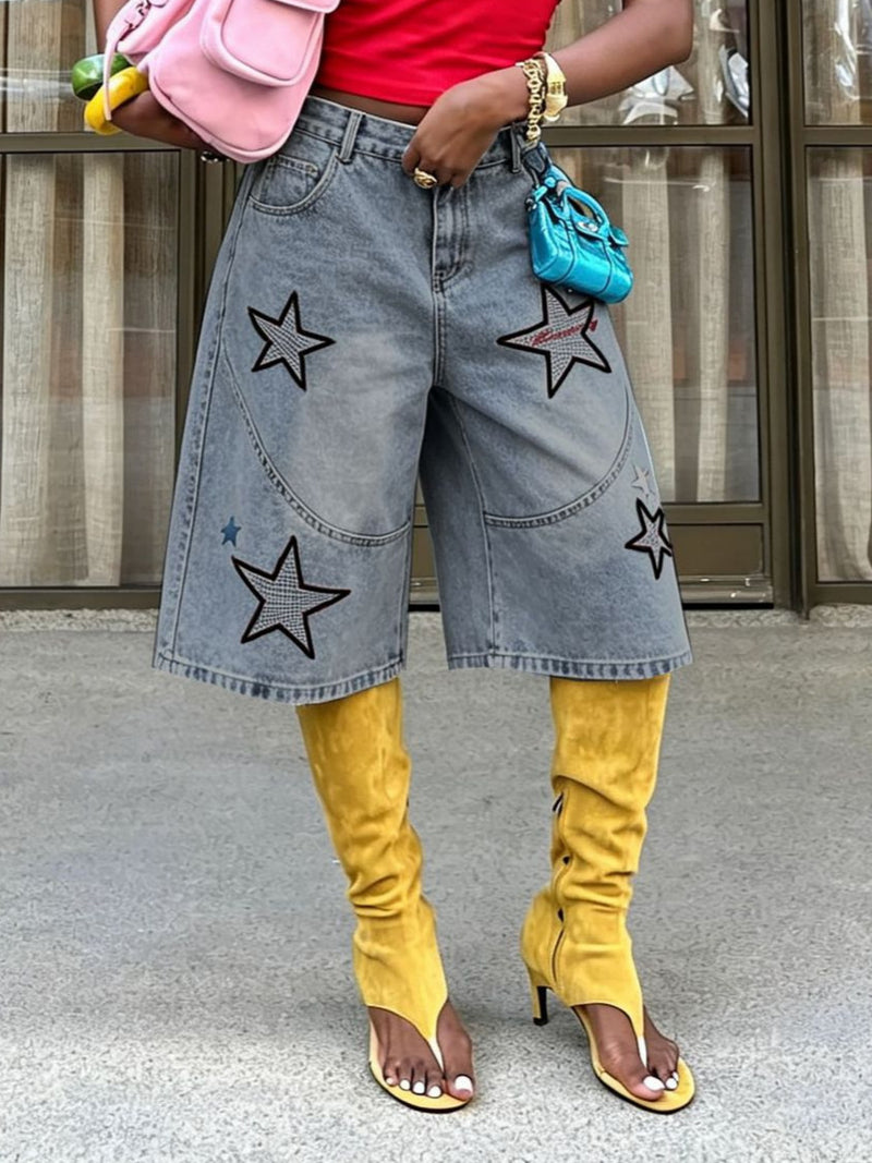 Plus Size Star Pattern Embroidered Washed Seventh Jeans GYLN 7711
