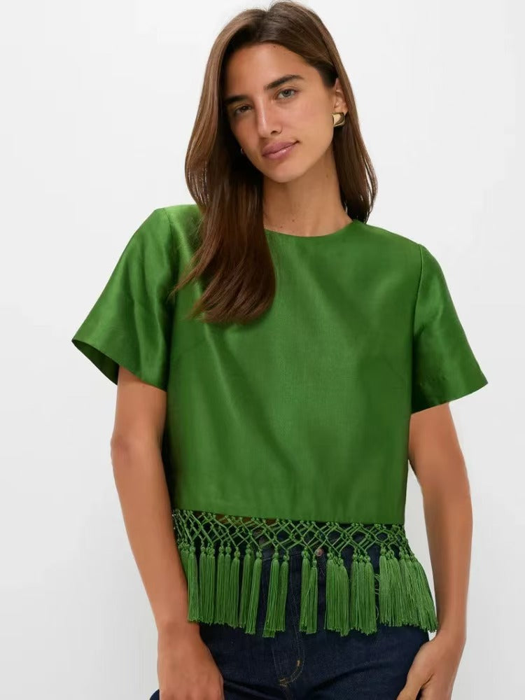 Solid Color Short Sleeve Tassel T Shirt GJMF 97821