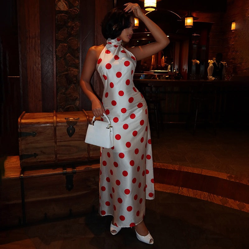 Sleeveless Polka Dot Printed Halterneck Maxi Dress DLSF K6D16498A