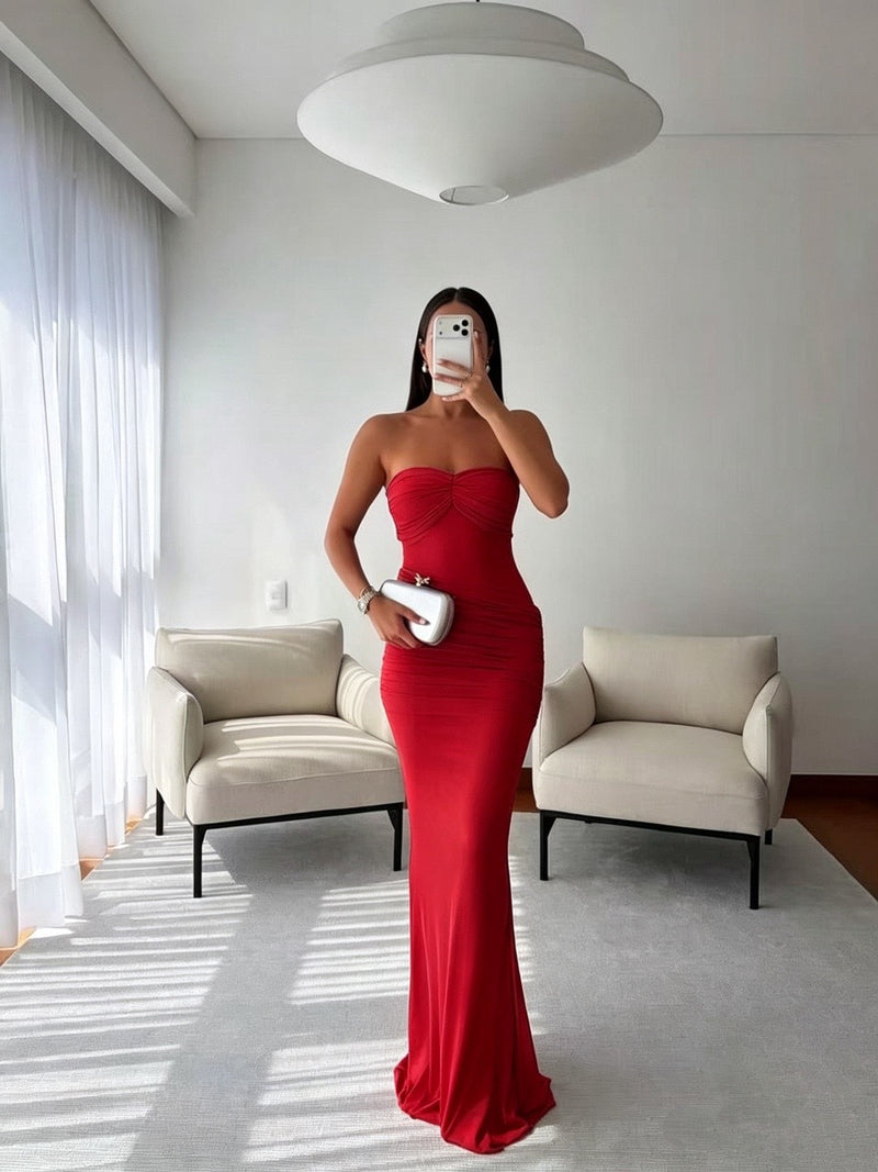 Mesh Ruched Solid Color Evening Dress GMYU 11534