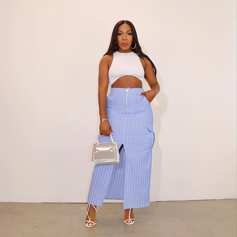 High waisted Striped Split Work Skirt BN 9445