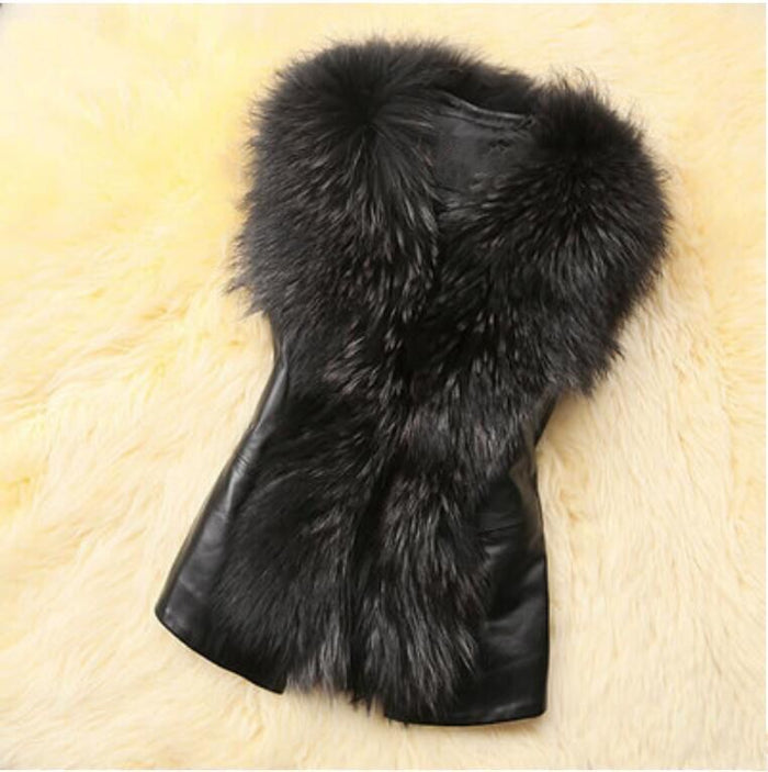 Plus Size Fur Collar Fur PU Leather Coat HHMY 5723