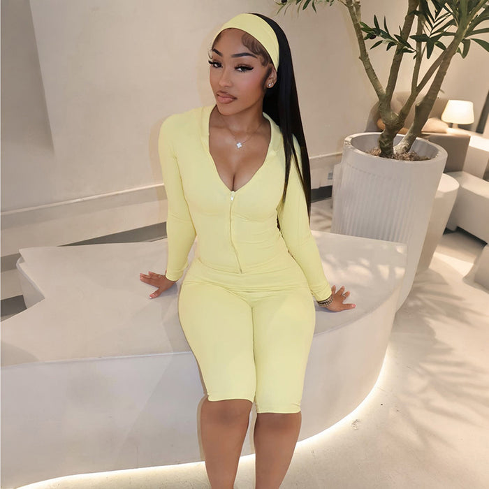 Long Sleeve Zipper Hooded Two Piece Short Suit With Hairband MXBF D26ST299