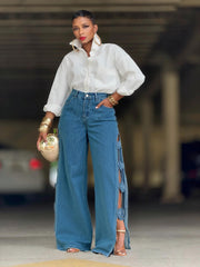 Hollow Out Split Floral Jeans GYLN 8714