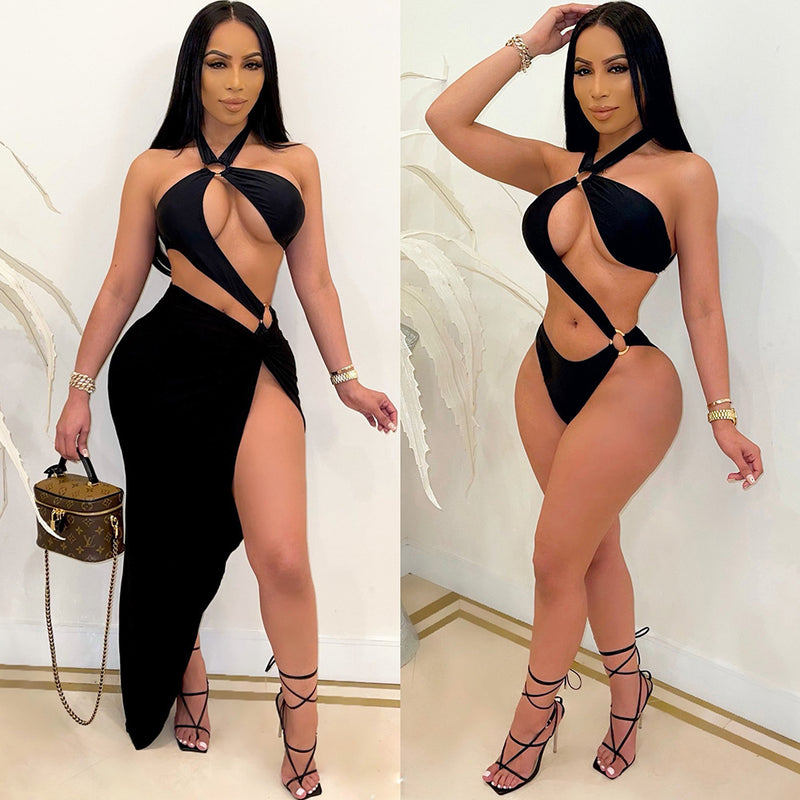Sexy Solid Color Bikinis Long Skirt Swimsuit Set GCNF 0103