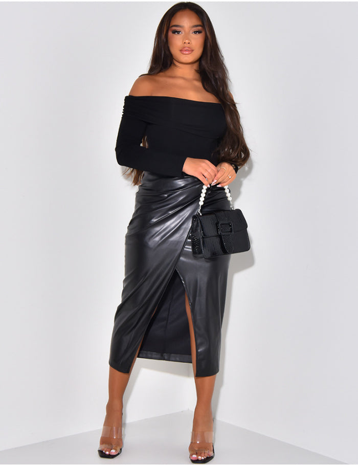 Pleated Split Irregular PU Leather Skirt QOUY M6006