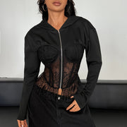 Lace Patchwork Zipper Hooded Coats GOMN 71348