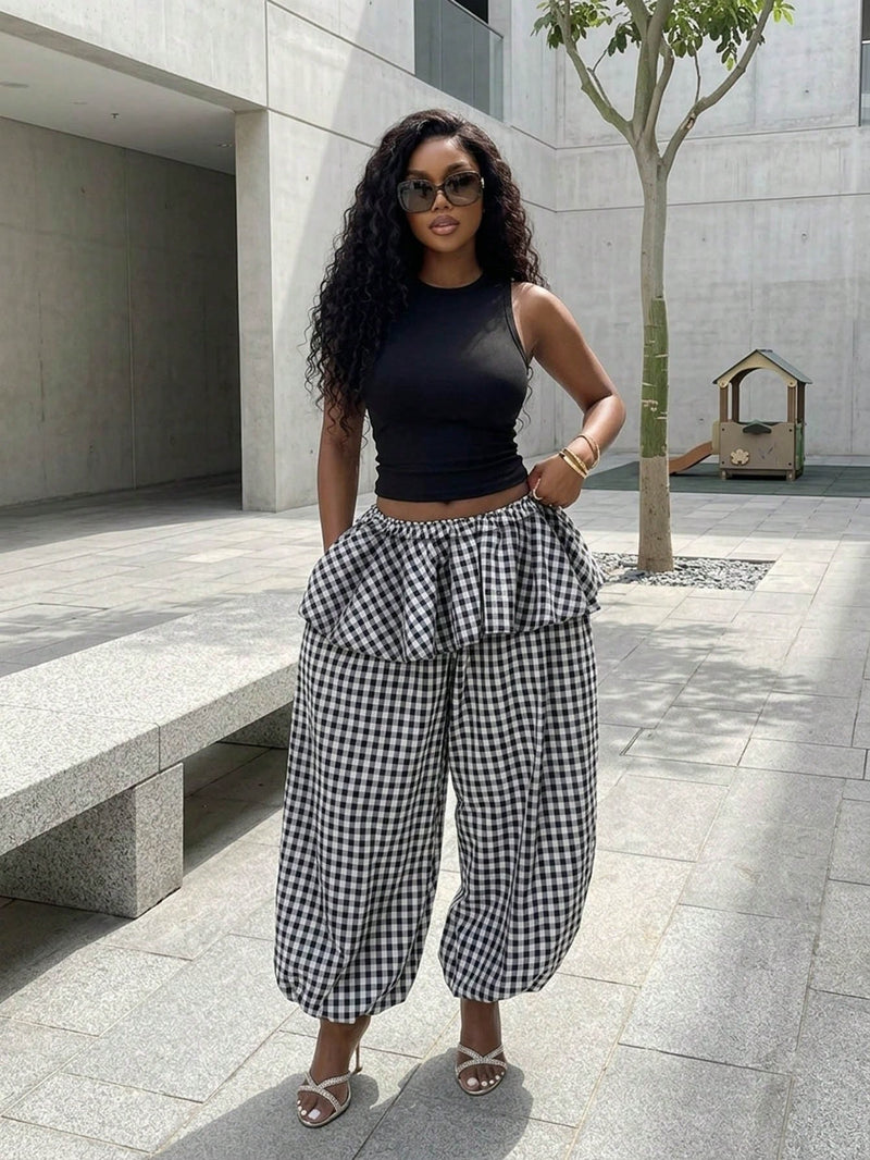 Plaid Print Loose Wide Leg Pants GHYX TXY5340