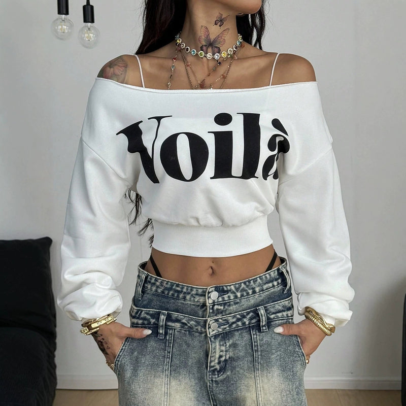 Letter Printed Long Sleeve Crop Top GQLK 6702