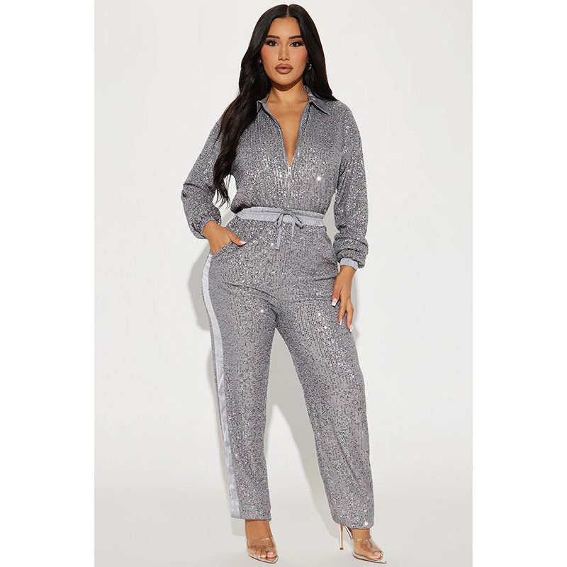 Long Sleeve Zipper Sequin Jumpsuit GYOM 8931