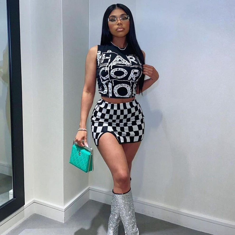 Sexy Sleeveless Plaid Mini Skirt 2 Piece Sets HMS 5551