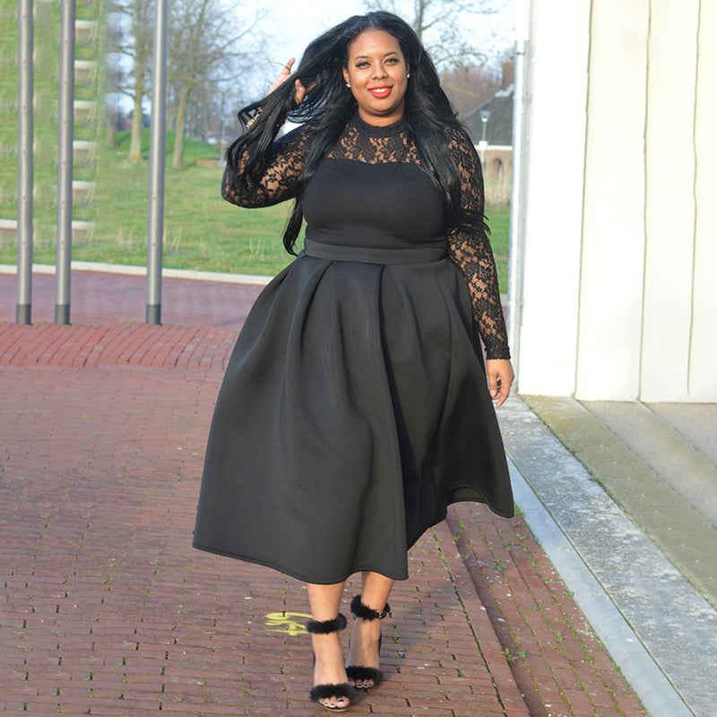 Plus Size Lace Patchwork Long Sleeve Long Dress NNWF P3040