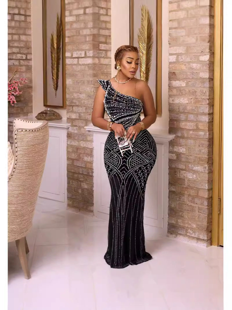 Solid Hot Drill Slash Neck Long Dress GADE 8397