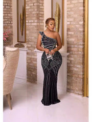 Solid Hot Drill Slash Neck Long Dress GADE 8397