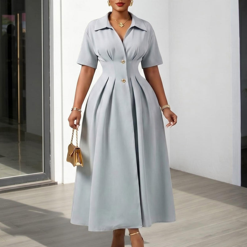 Plus Size Short Sleeve Lapel Midi Dress GATE 639
