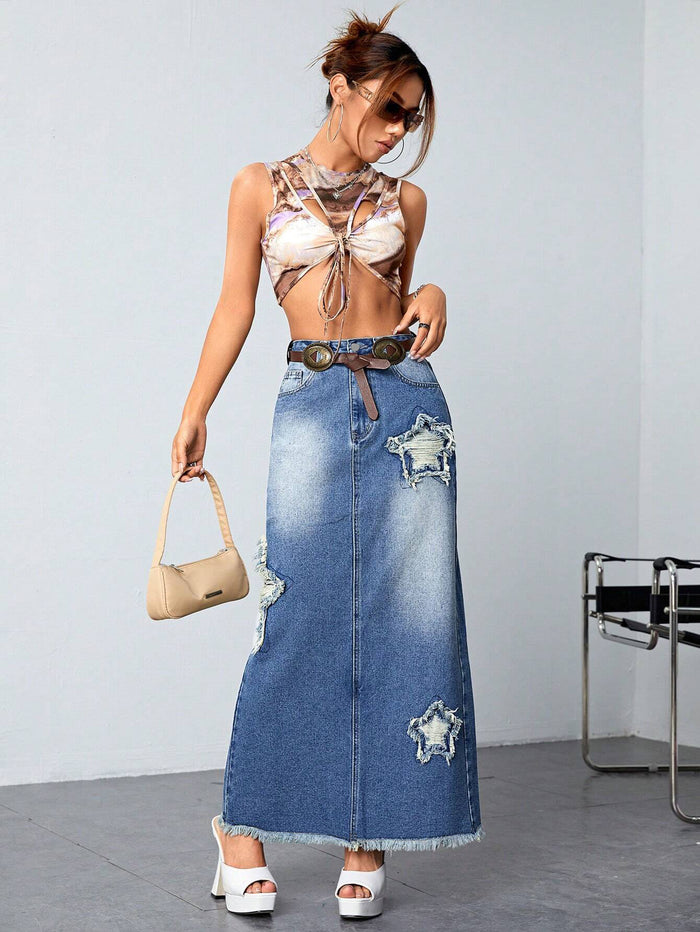 Star Fashion Denim Split Long Skirt GKNF TS A7242