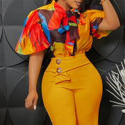 Plus Size Print Tie Up Bubble Sleeve Shirt GATE 561