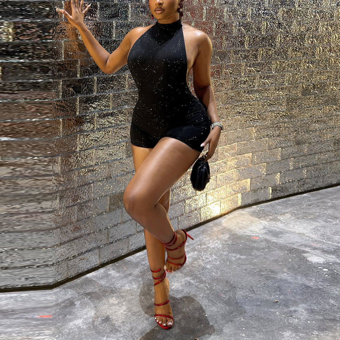 Halterneck Backless Solid Color Tight Romper XEF K6Q00878A