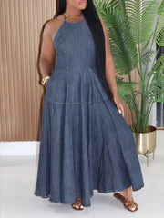 Halterneck Backless Deniim Maxi Dress AIL 353