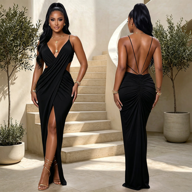 V Neck Cross Hollow Out Split Maxi Dress BY 7802